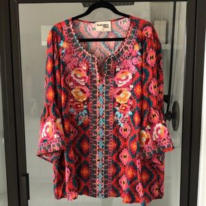 Savanna Jane multi Aztec Embroidered floral bell sleeve blouse boho festival 2X